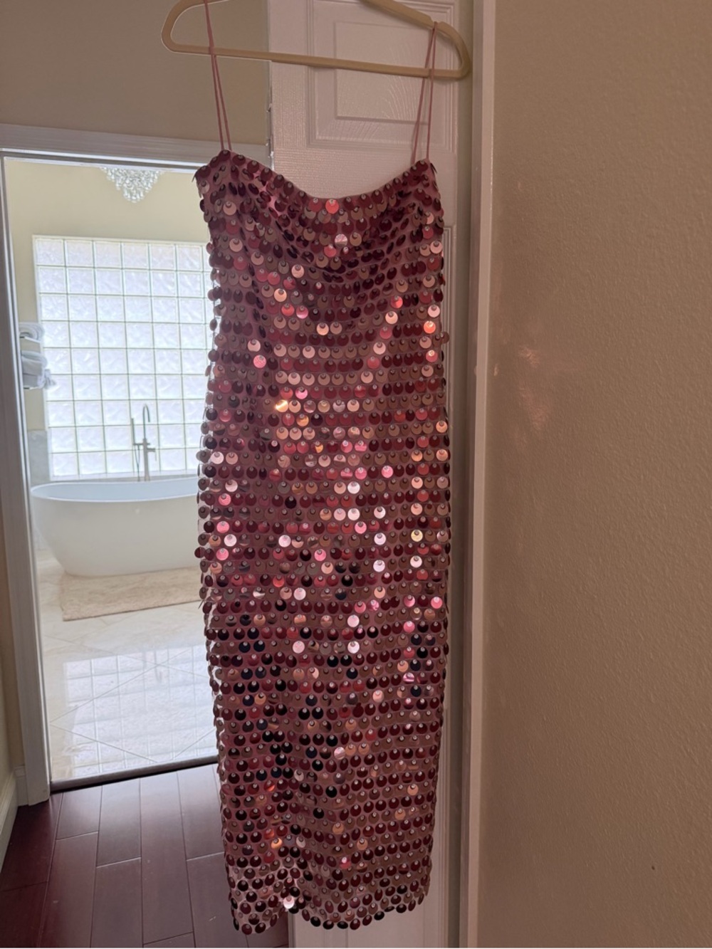 Pink Sequin Midi Slip Dress with Spaghetti Straps